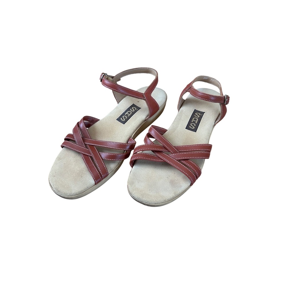 SAS Strappy Ankle Strap Brown Leather Comfort Sandals Summer Beach 6.5 EUC
